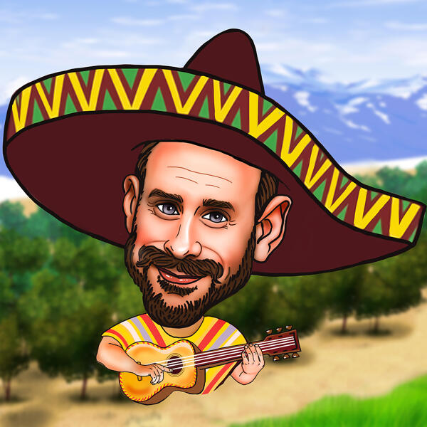 Meksikolainen mies sarjakuva kitaraa soittaen