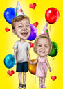 Siblings Full Body Funny Caricature in Color Style