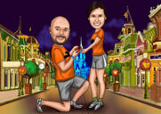 Caricatura de casal de corpo inteiro em estilo colorido com fundo da cidade