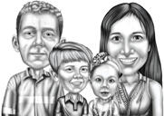Vecāki ar diviem bērniem multfilmas portrets melnbaltā stilā no fotoattēliem