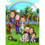 Karikatura rodiny s domácími mazlíčky na pozadí přírody z fotografií