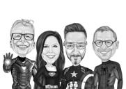 Superhero Group Caricature in Black and White with City Background