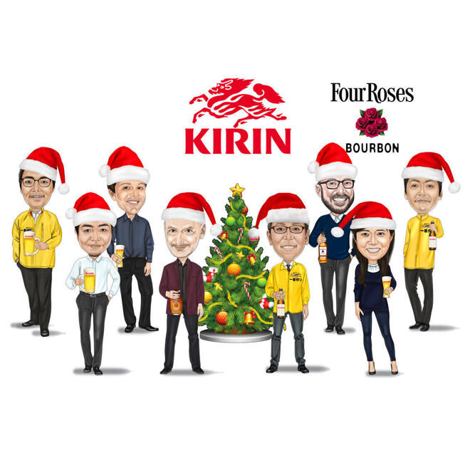 Cartone animato ritratto di caricatura del personale di Natale del gruppo aziendale con logo