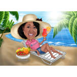 Cadeau de caricature de vacances de personne personnalisée avec cocktail et assiette de fruits à partir de photos