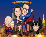 Famiglia di supereroi con due bambini Caricatura da foto con sfondo misterioso di notte