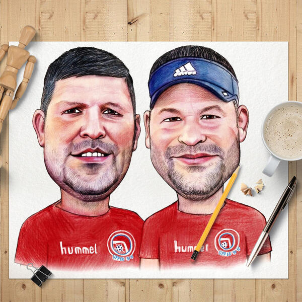 Sportovní tématická plakátová karikatura - dvě osoby ručně kreslenou v barevném stylu z fotografií