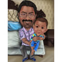 Father with Kid Full Body Cartoon Portrait with Custom Background