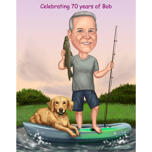 Карикатура на рыбака с собакой на лодке