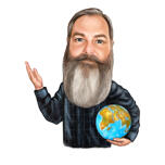Professeur de géographie avec un dessin de caricature du globe
