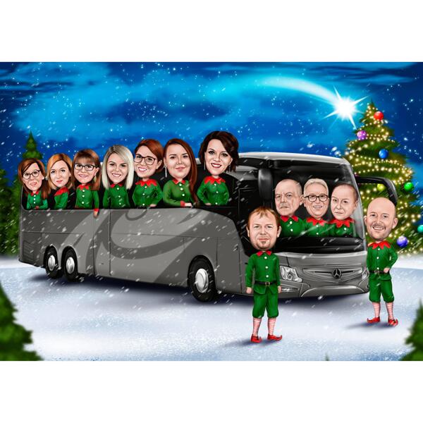 Персонал компании в любом транспортном средстве - корпоративный рождественский карикатурный подарок, нарисованный вручную из фотографий