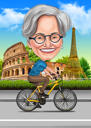 Karikatuur van een vrouw op een fiets met een aangepaste achtergrond