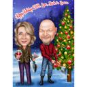 Kış Arkaplanlı Noel Çift Karikatürü