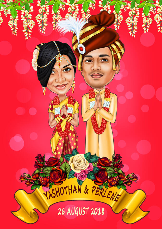 Indian Wedding Caricature of Bride and Groom from Photos for Invite Card