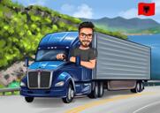 Karikatuur van vrachtwagenchauffeur in kleurstijl op aangepaste achtergrond