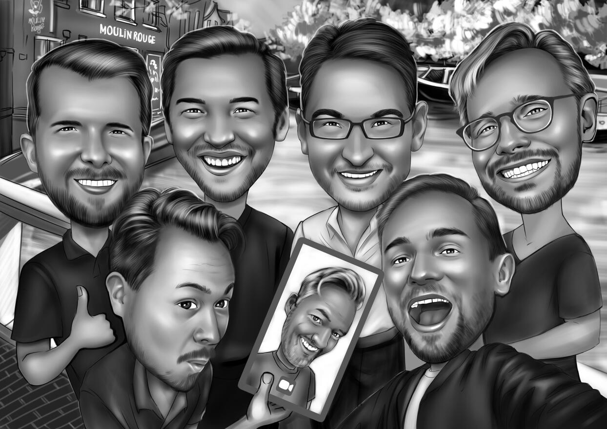 Best Friends Group Cartoon Drawing in Black and White Style with Custom Background Best Friends Group Cartoon Drawing in Black and White Style with Custom Background