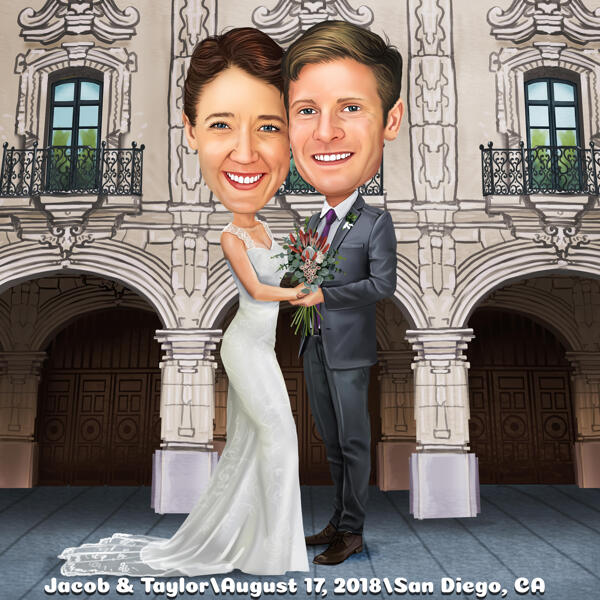 Bride and Groom Cartoon with Venue Background