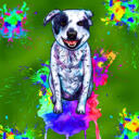 Hundekarikaturportræt i fuld krop i akvarelstil på grøn baggrund
