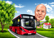 Bussijuhi karikatuur sünnipäevakingituseks värvilises stiilis fotolt