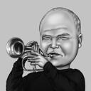 Trompetimängija karikatuur fotolt mustvalges digitaalses stiilis taustaga