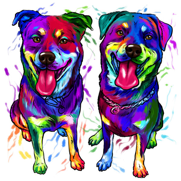 Couple of Rottweilers Dogs Caricature Portrait in Watercolor Style from Photos