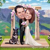 Bride and Groom Caricature with Dog