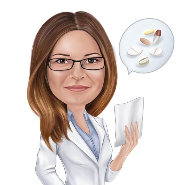 Caricature de pharmacien avec bulle de pensée