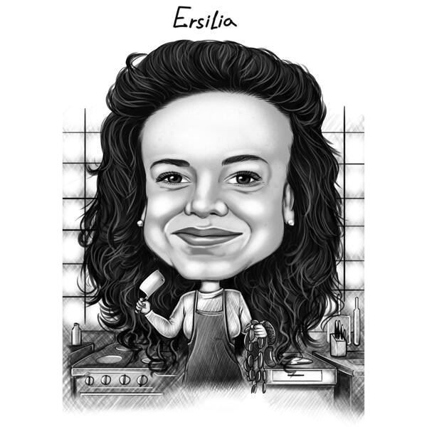 Caricatură de măcelar în stil alb-negru exagerat pe fundal personalizat