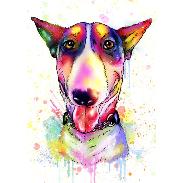 Bull Terrier Dog Caricature in Pastel Watercolor Style Hand Drawn from Photos