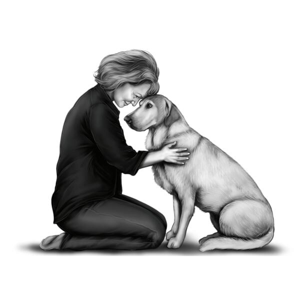 Owner with Pet Portrait - Black and White Sketch