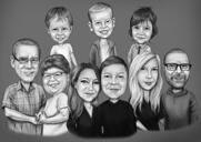 Mukautettu perheryhmän muistojuhla-elämä sarjakuva muotokuva lahja mustavalkoisena