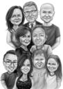 Velká rodinná skupinová karikatura v černobílém stylu