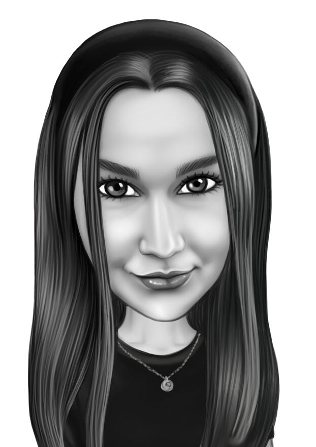Straight Hair Woman Cartoon Portrait from Photos in Black and White Style