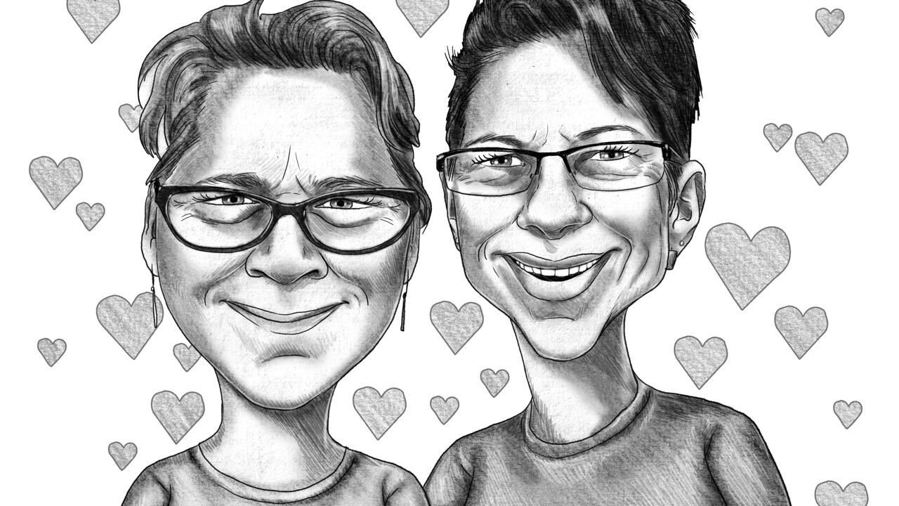 Черно-белая романтическая карикатура гей-пары | Рисованной из фотографий...