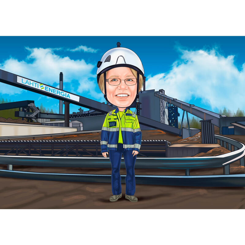 Person in Helmet and Work Clothes Cartoon Drawing with Custom Background  from Photos