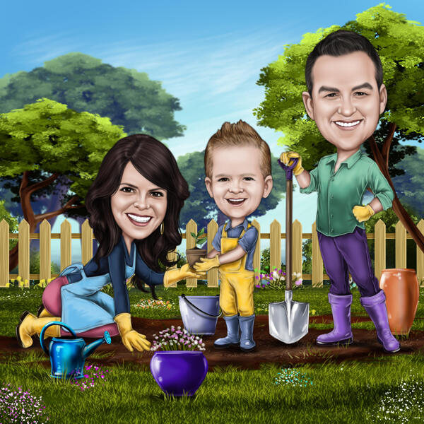 Caricatura de jardinería de familia feliz en estilo de color de fotos