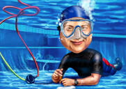 Retrato de desenho animado de pessoa mergulhando com snorkel das fotos - ideia perfeita de presente de mergulho personalizado