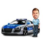 Politseiniku karikatuur politseiauto kõrval