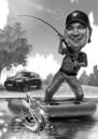 Full Body Fisherman Caricature in Black and White Style with Custom Background