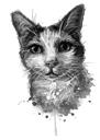 Portret cu caricatură de pisică drăguță din fotografii în stil acuarelă alb-negru