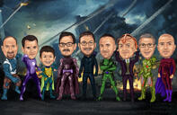 Caricatura di gruppo di ragazzi di supereroi in stile colore completo su sfondo personalizzato