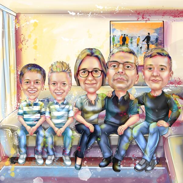 Caricature de famille heureuse dans le style aquarelle