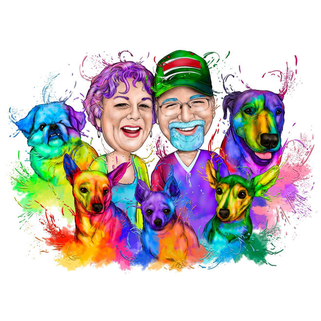 Par med blandade hundraser karikatyr i ljus regnbåge akvarell stil från foton