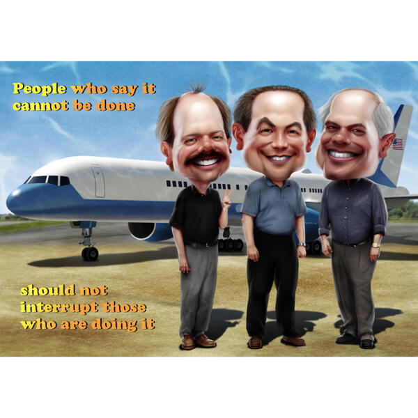 Dessin de haute caricature de groupe dans un style de couleur avec un fond d'avion à partir de photos