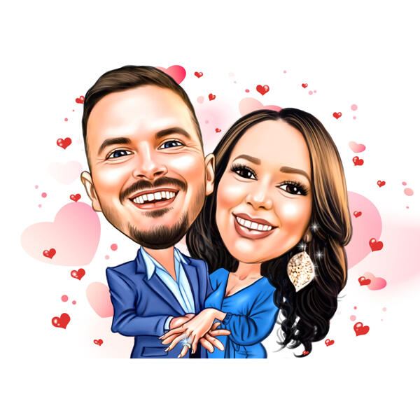 Couple Engagement Caricature Showing Ring