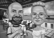 Two Persons Monochrome Style Caricature with Custom Background from Photos