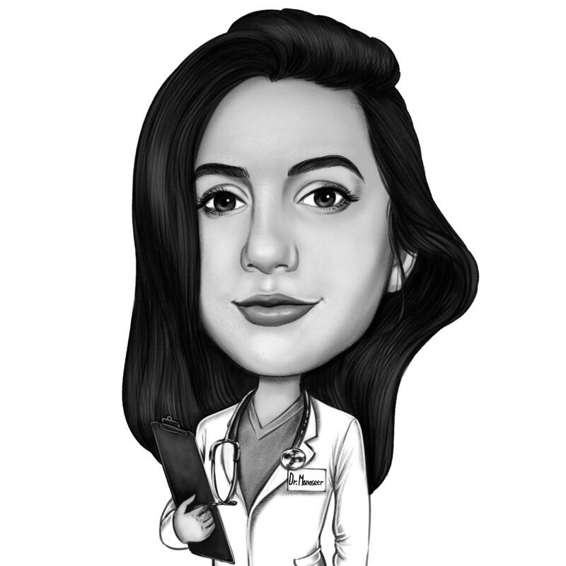 Female Doctor Caricature from Photos: Black and White Style