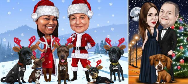 Christmas Couple with Pets Caricature