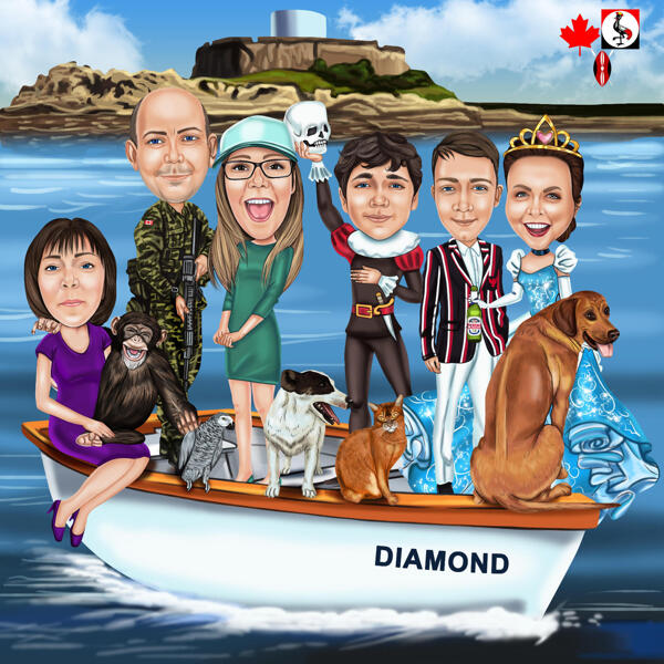 Perhe lemmikkien kanssa veneessä