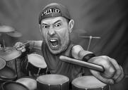 Schlagzeuger Cartoon im Schwarz-Weiß-Stil für Schlagzeugliebhaber