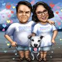 Paar mit Haustier - Benutzerdefinierte farbige Karikatur aus Fotos mit Hintergrund